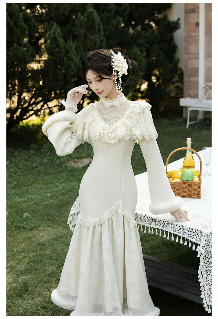 Winter Island Memory - Elegant Lolita Winter Coat & OP Dress Set - Image 15