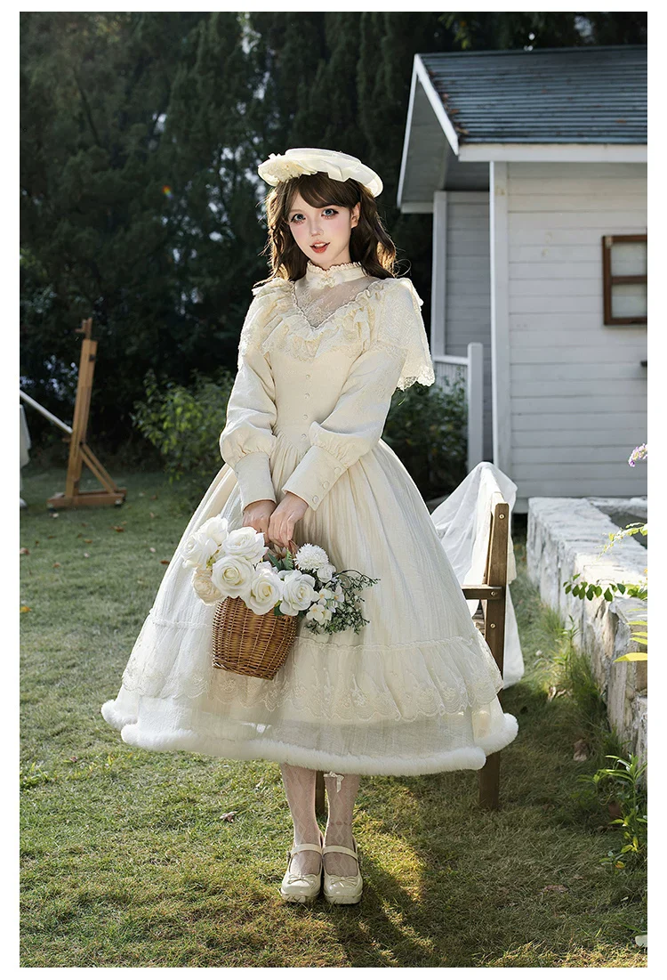 Winter Island Memory - Elegant Lolita Winter Coat & OP Dress Set - Image 17