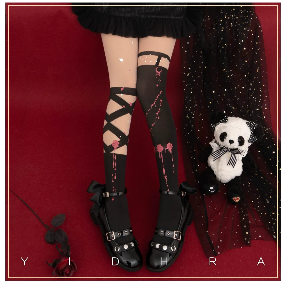 Yidhra - Fantasy Bride - Goth Lolita Pantyhose Rose Prints Pantyhoses - Image 2