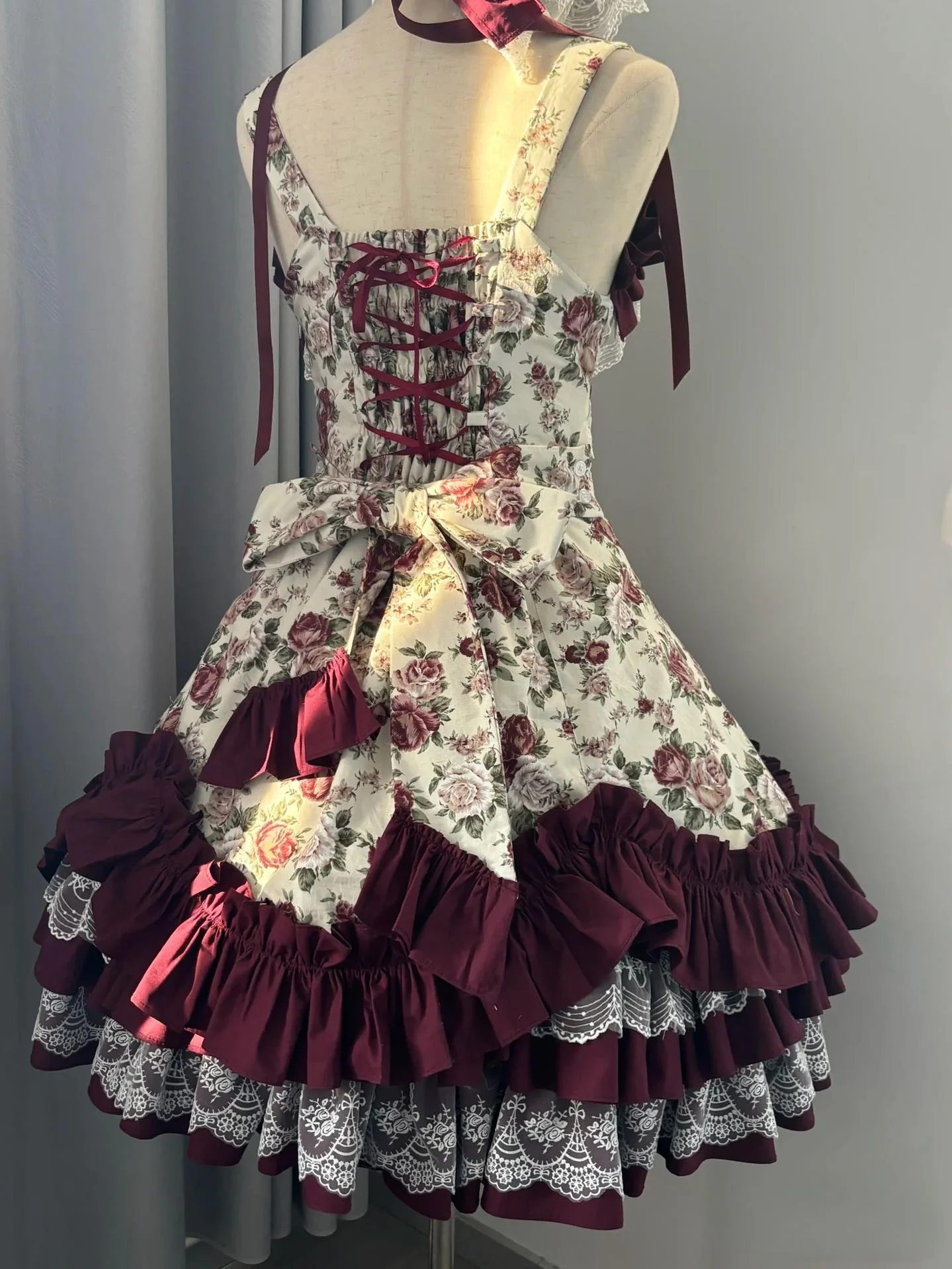 TaTaTa Lolita - Burgundy Rose - Floral Printed Old School Lolita JSK, Elegant Cape - Image 10