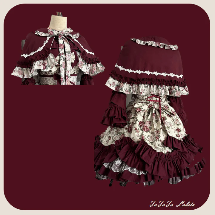 TaTaTa Lolita - Burgundy Rose - Floral Printed Old School Lolita JSK, Elegant Cape - Image 15