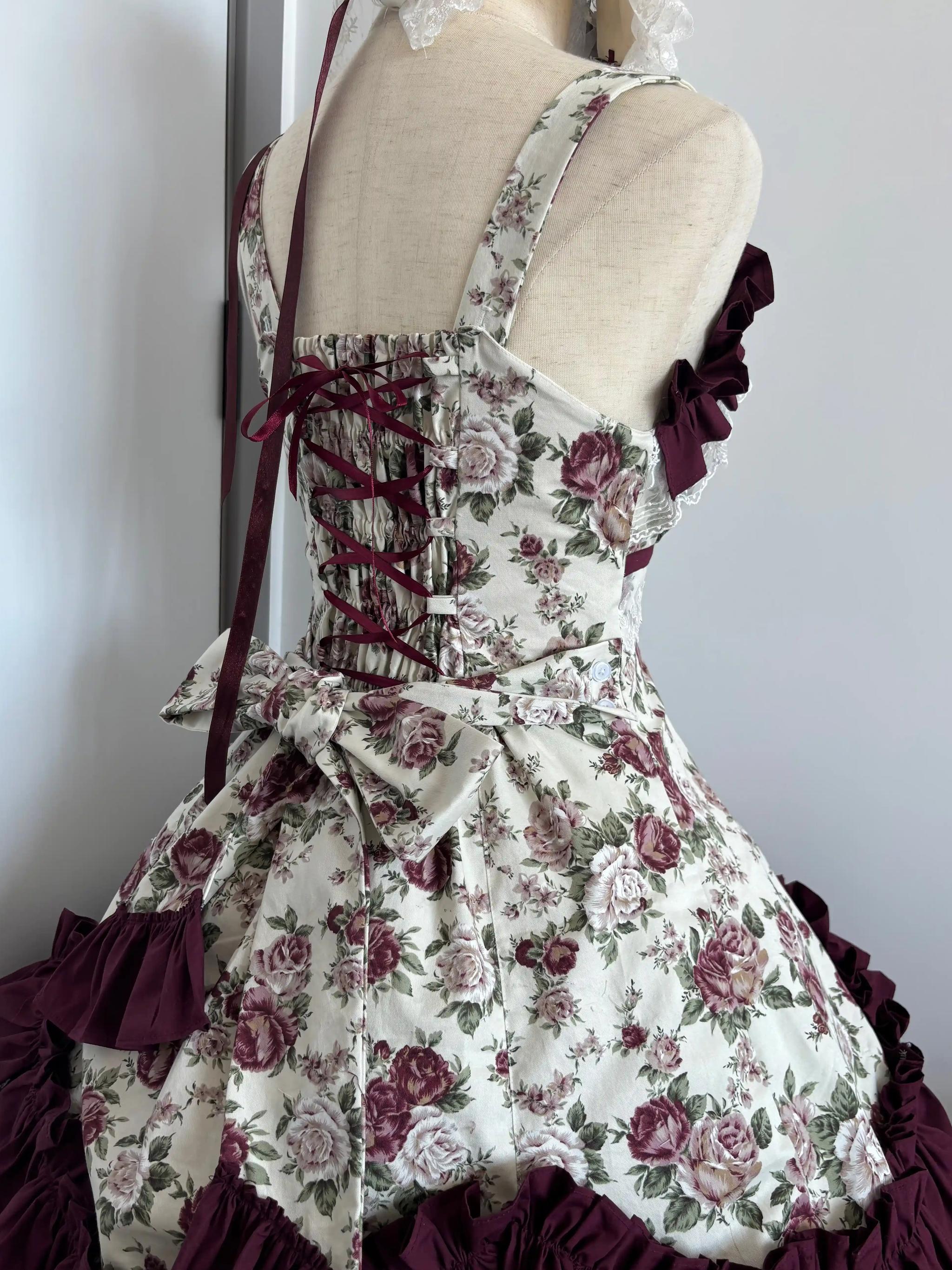 TaTaTa Lolita - Burgundy Rose - Floral Printed Old School Lolita JSK, Elegant Cape - Image 5