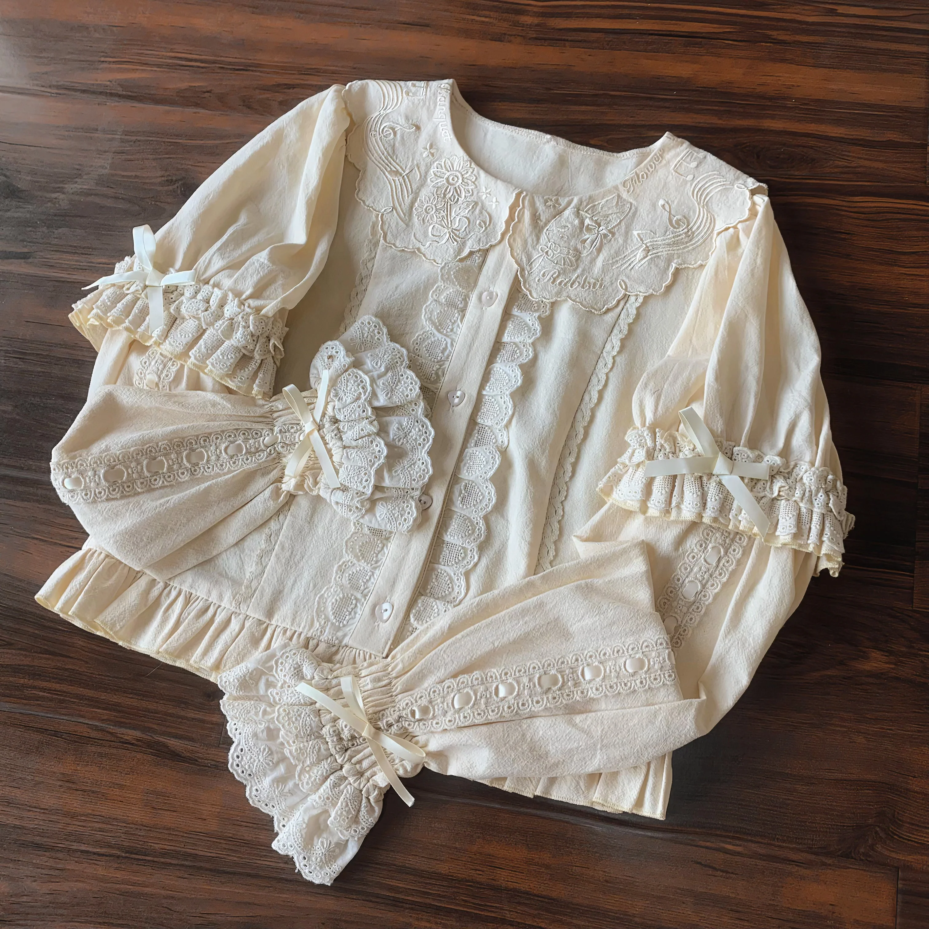 Flower Banquet - Kawaii Lolita Cotton Bunny Embroidery Blouse - Image 10