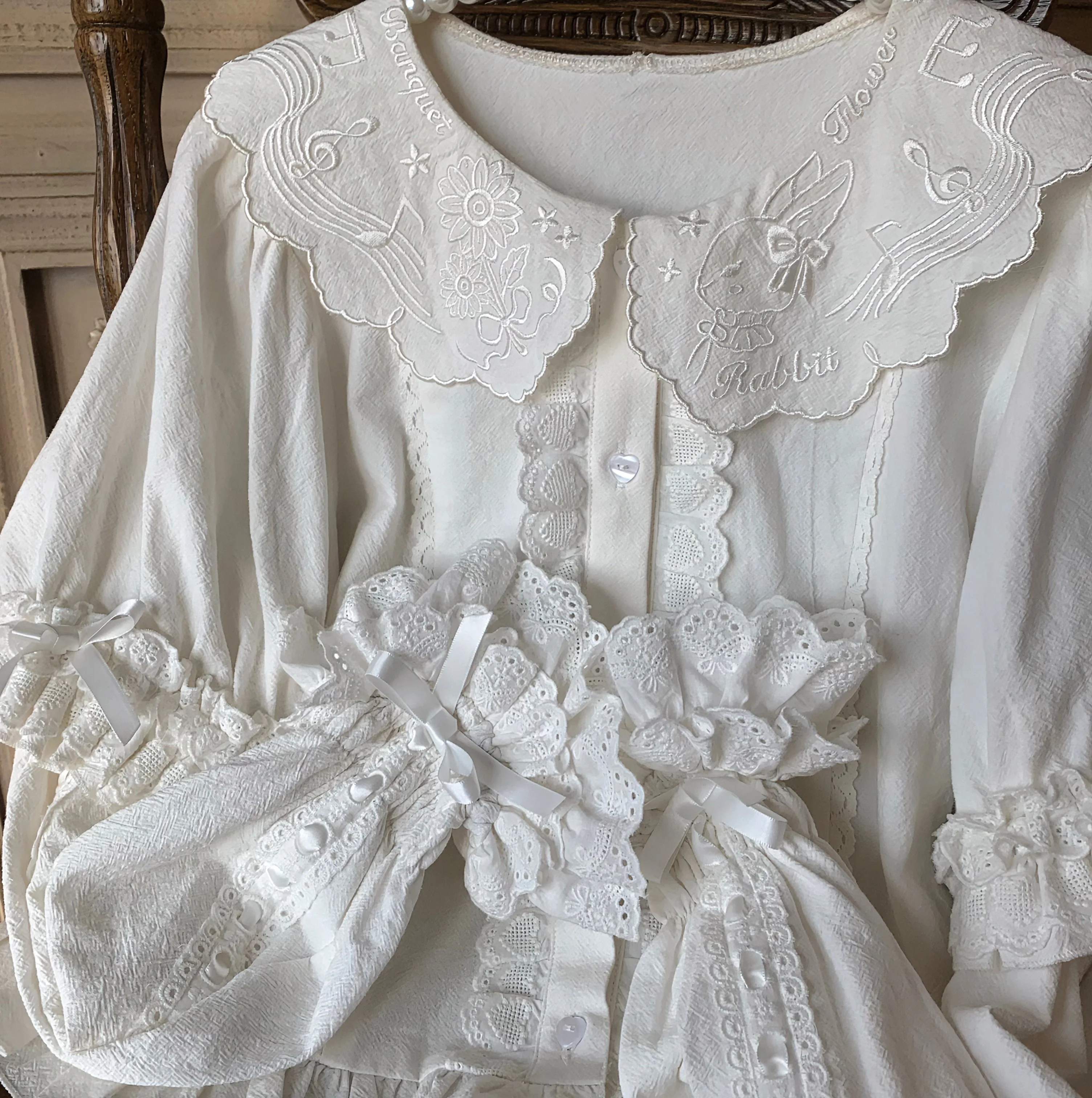 Flower Banquet - Kawaii Lolita Cotton Bunny Embroidery Blouse - Image 14