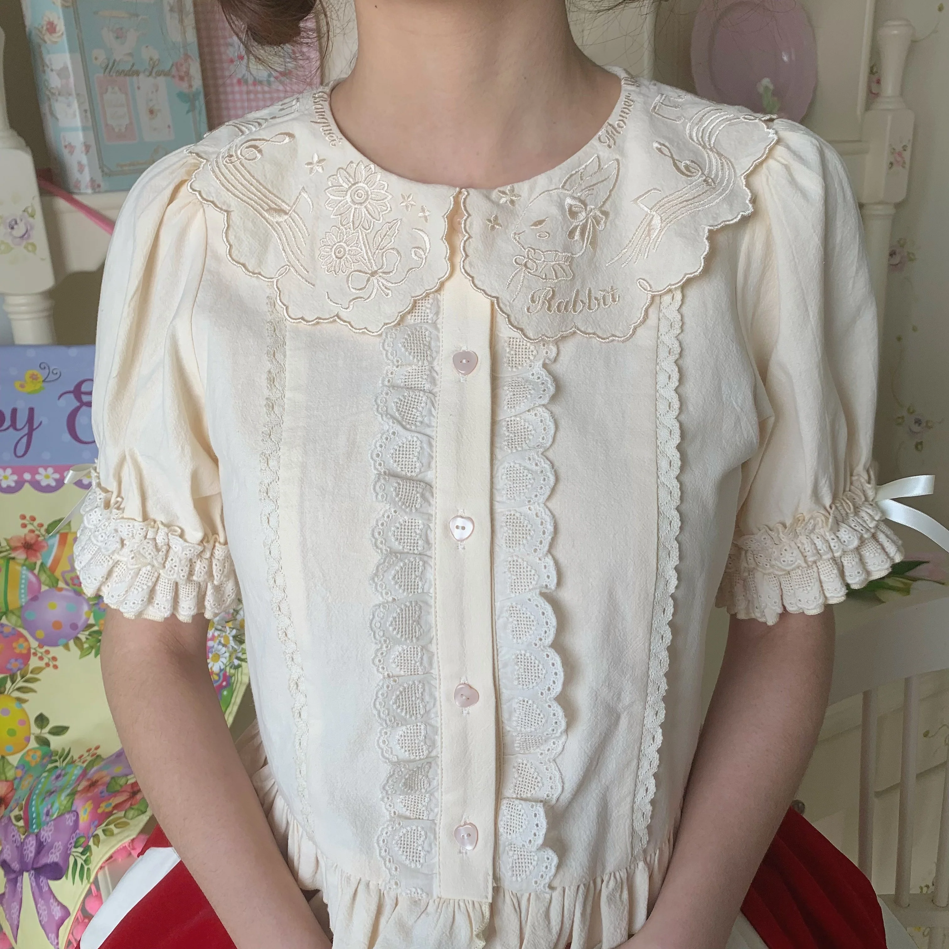 Flower Banquet - Kawaii Lolita Cotton Bunny Embroidery Blouse - Image 15