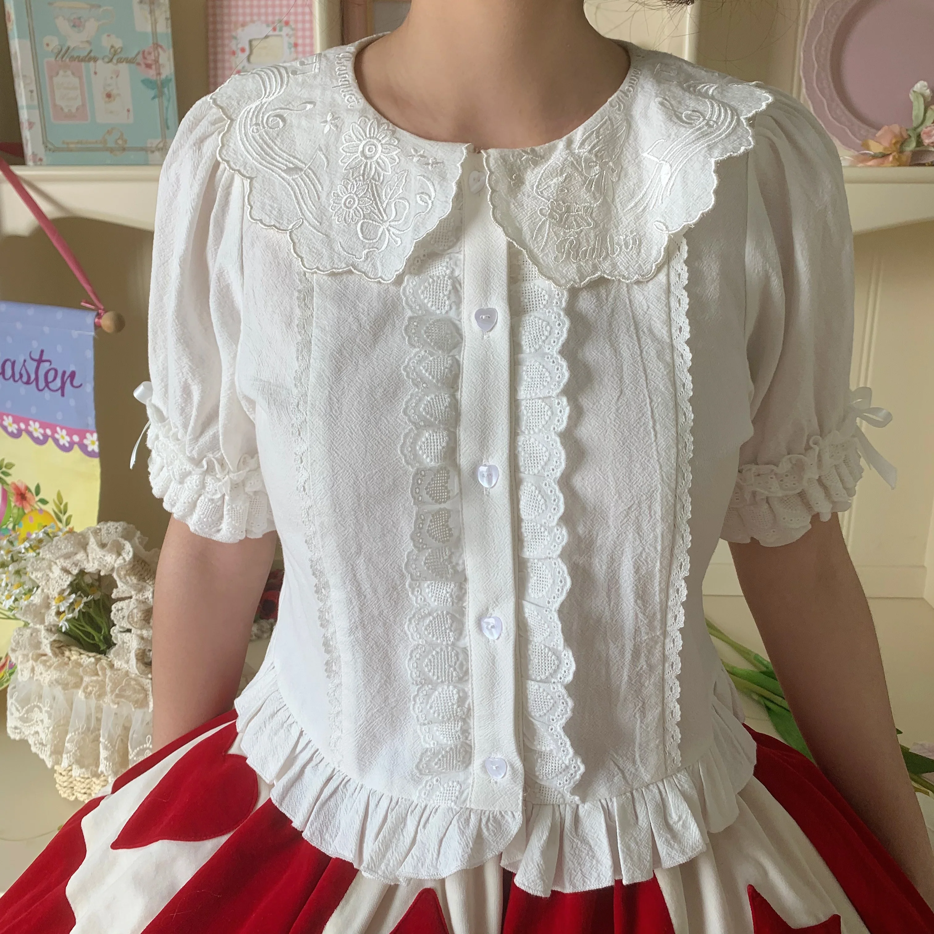 Flower Banquet - Kawaii Lolita Cotton Bunny Embroidery Blouse - Image 16