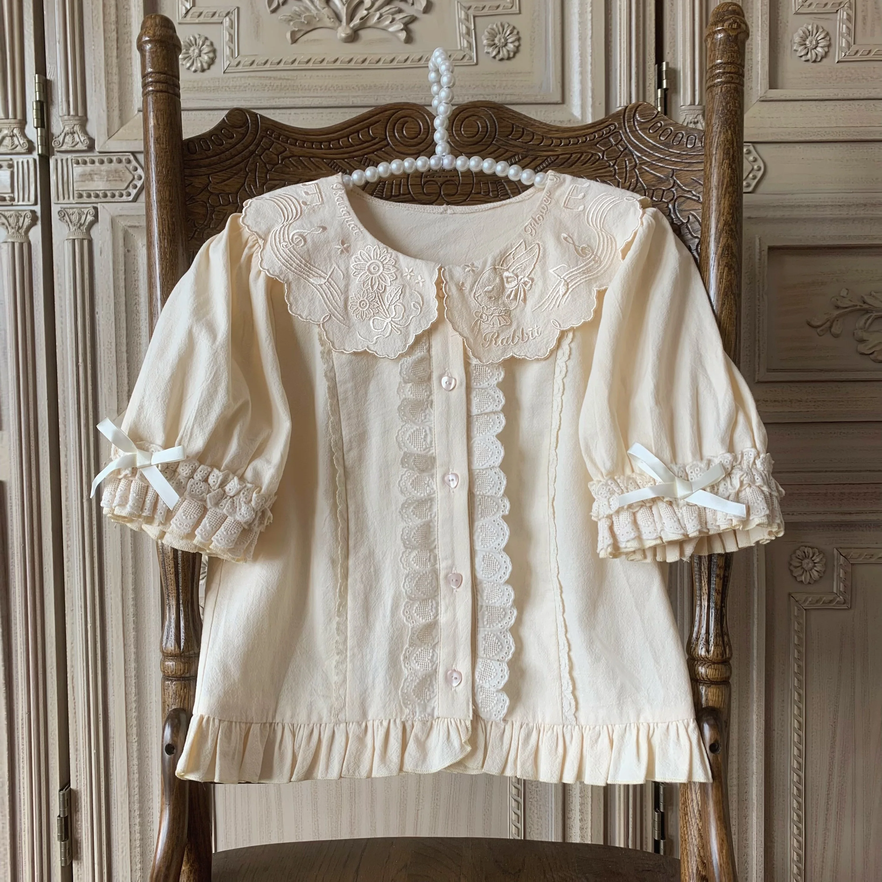 Flower Banquet - Kawaii Lolita Cotton Bunny Embroidery Blouse - Image 5