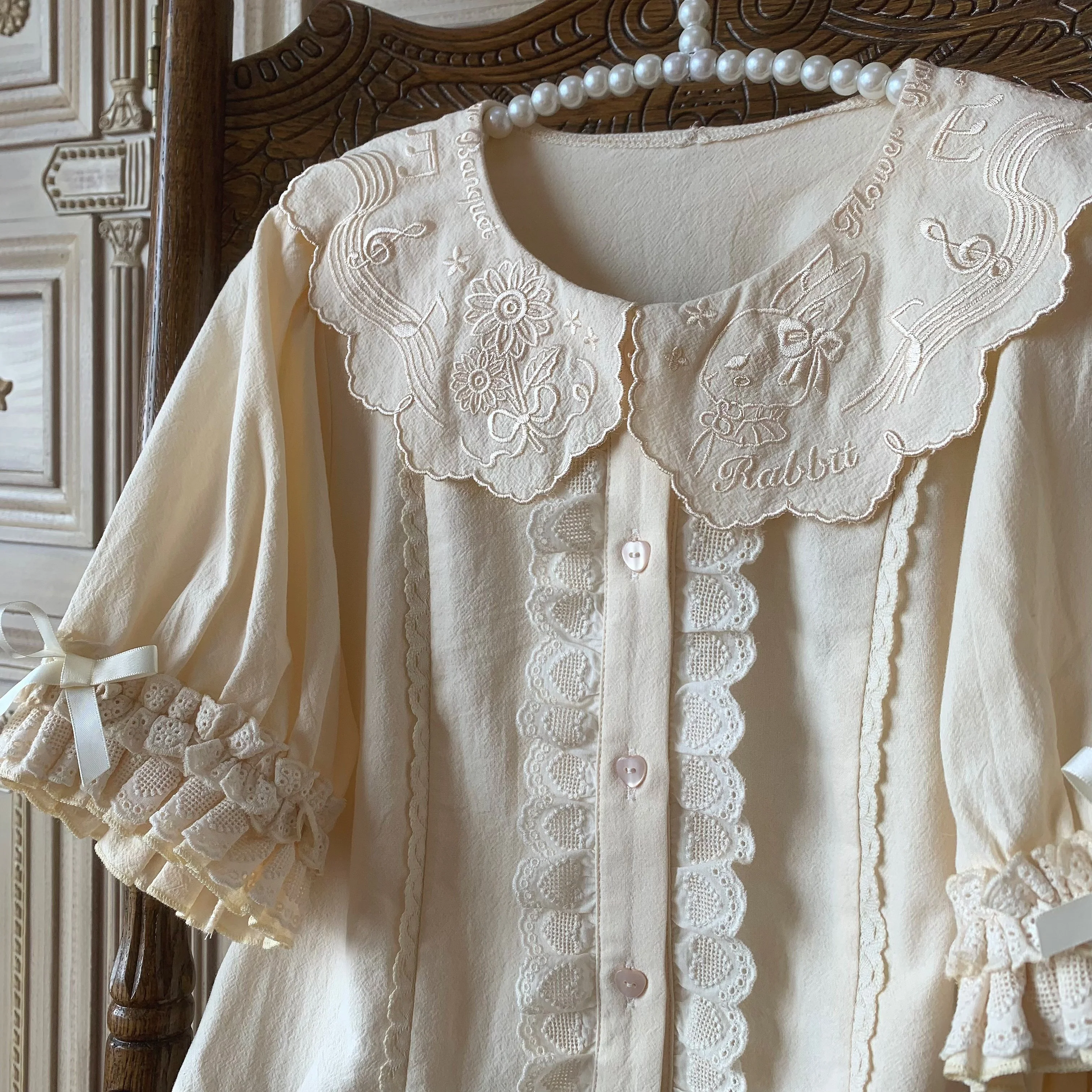 Flower Banquet - Kawaii Lolita Cotton Bunny Embroidery Blouse - Image 7