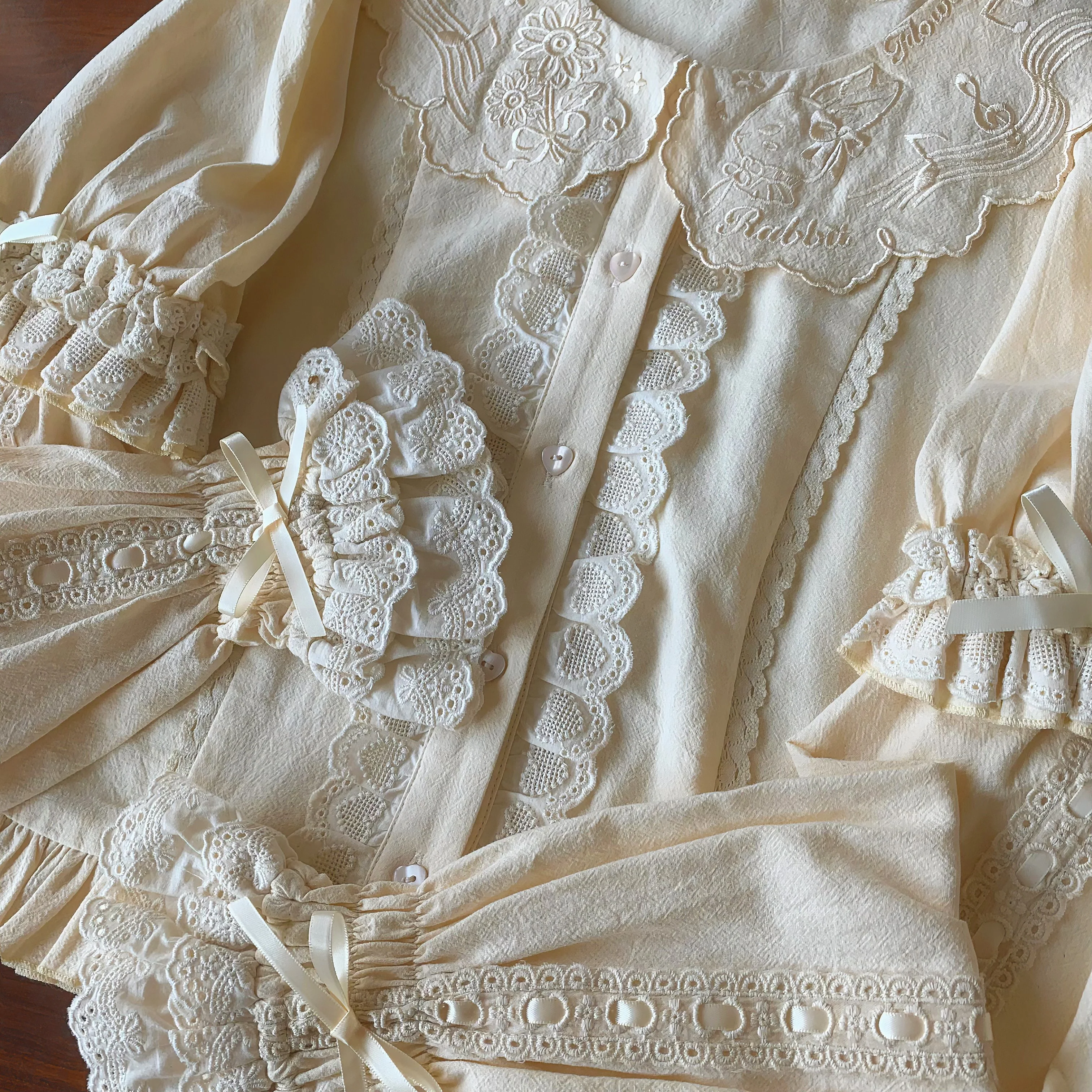 Flower Banquet - Kawaii Lolita Cotton Bunny Embroidery Blouse - Image 9