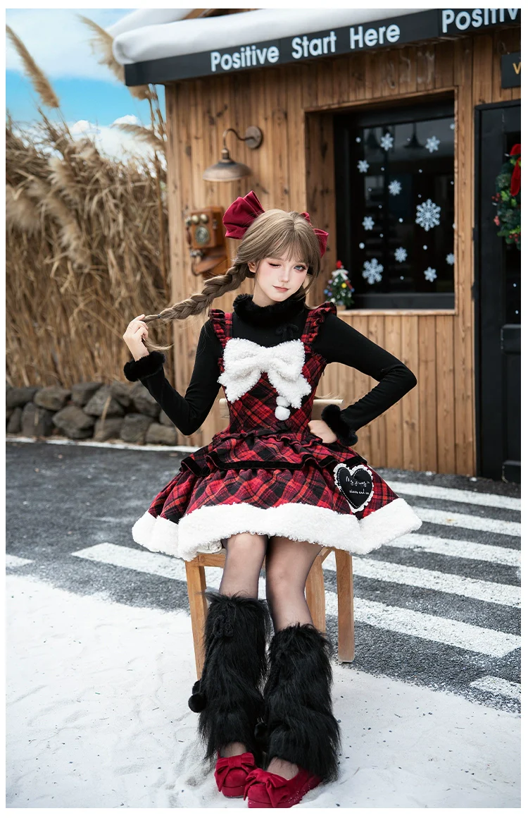 With PUJI - Snow Night Serenade - Fluffy Plaid Kawaii Lolita JSK, Reversible Cape - Image 10
