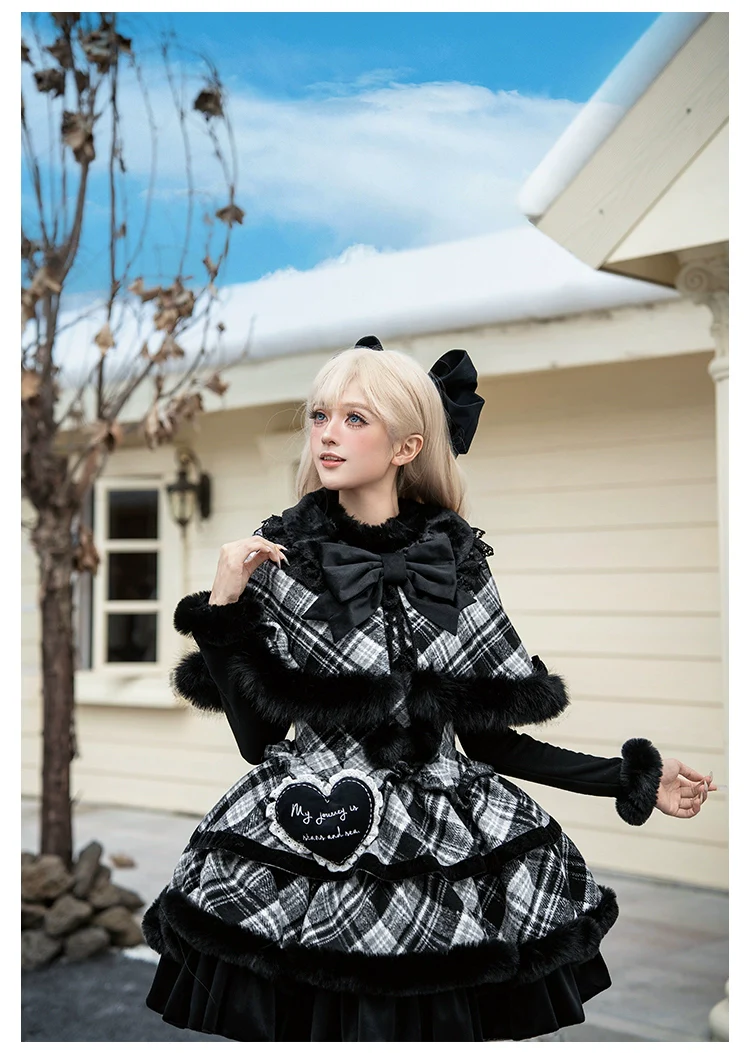 With PUJI - Snow Night Serenade - Fluffy Plaid Kawaii Lolita JSK, Reversible Cape - Image 11