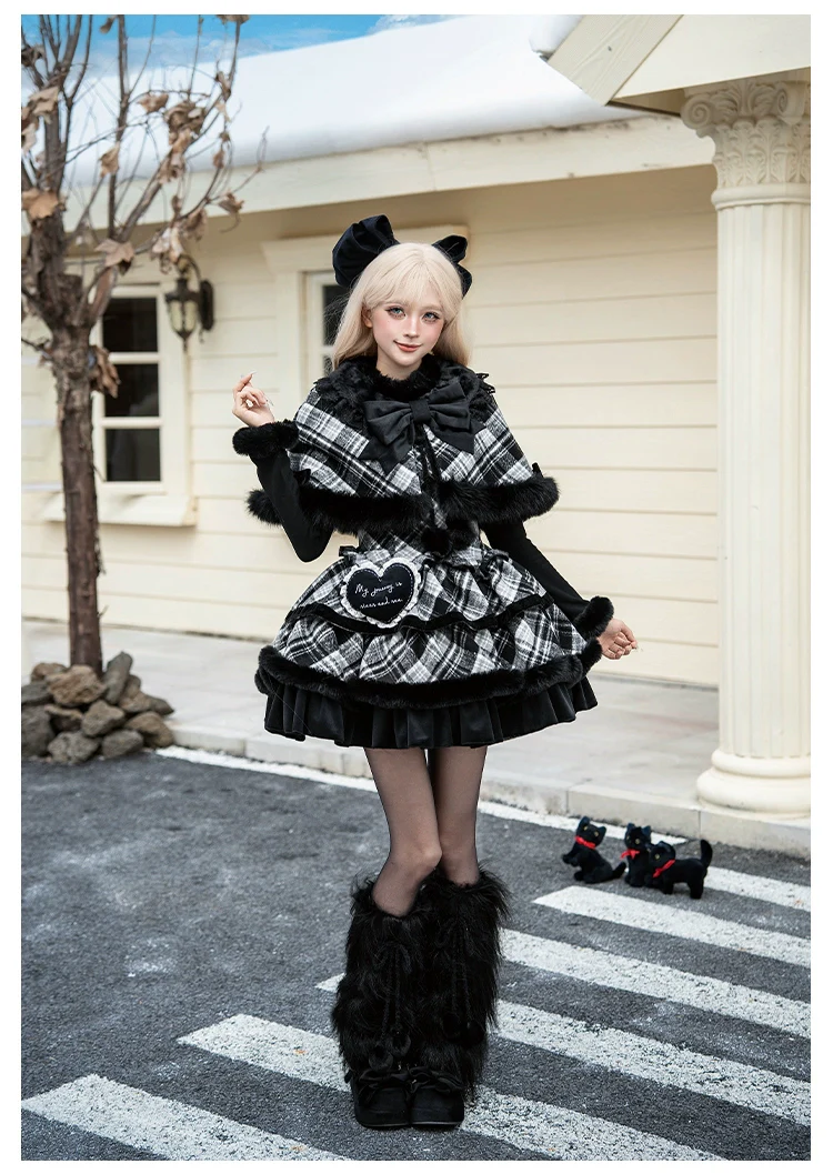 With PUJI - Snow Night Serenade - Fluffy Plaid Kawaii Lolita JSK, Reversible Cape - Image 12