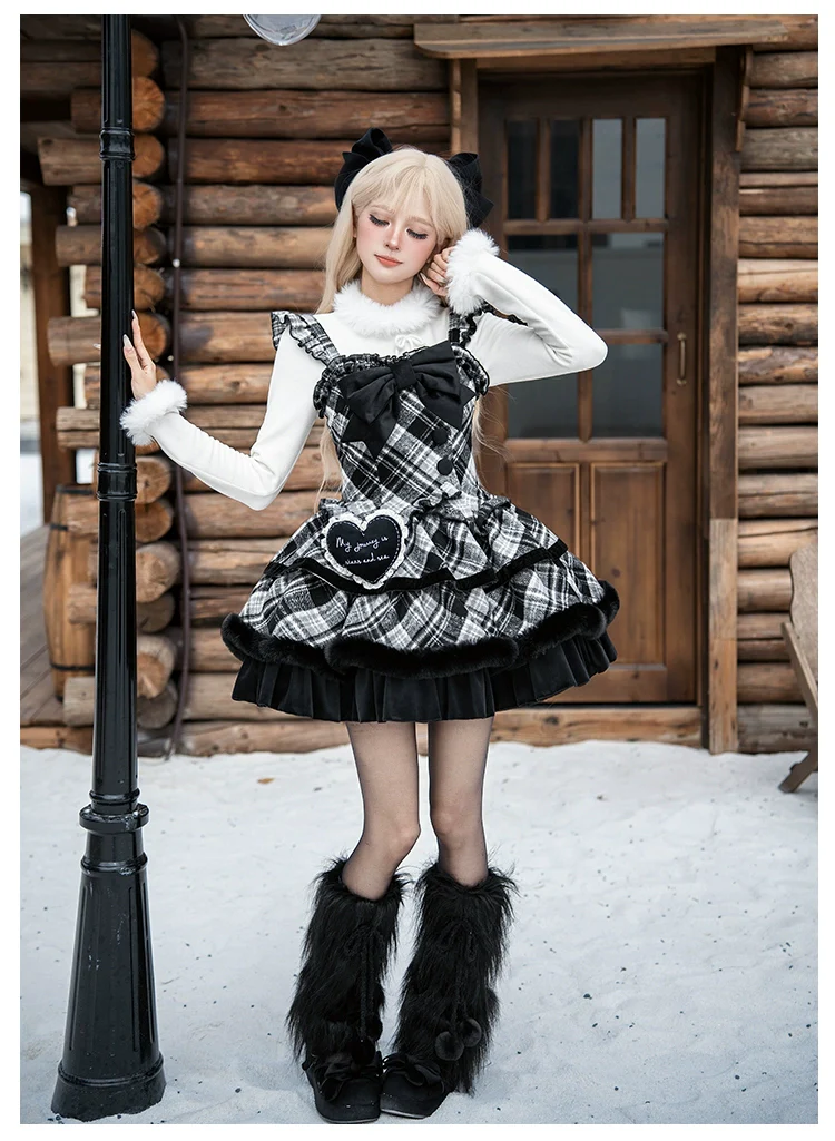 With PUJI - Snow Night Serenade - Fluffy Plaid Kawaii Lolita JSK, Reversible Cape - Image 14