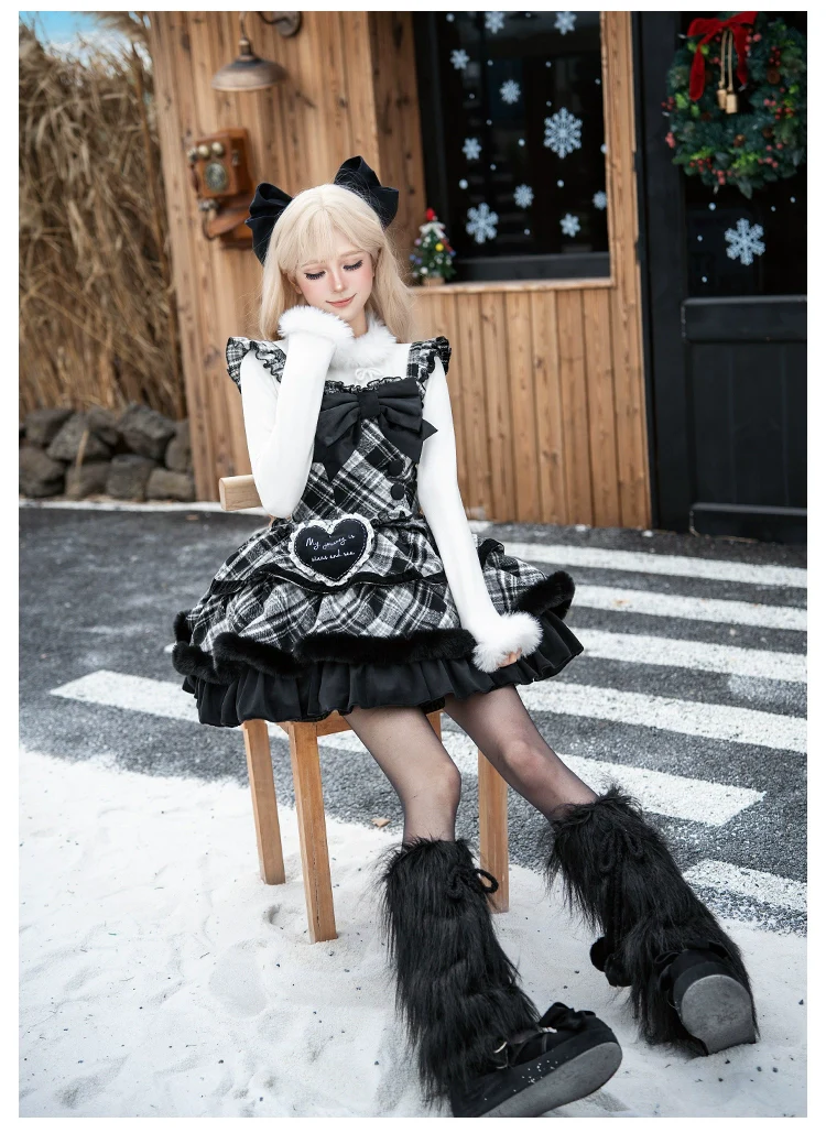 With PUJI - Snow Night Serenade - Fluffy Plaid Kawaii Lolita JSK, Reversible Cape - Image 15