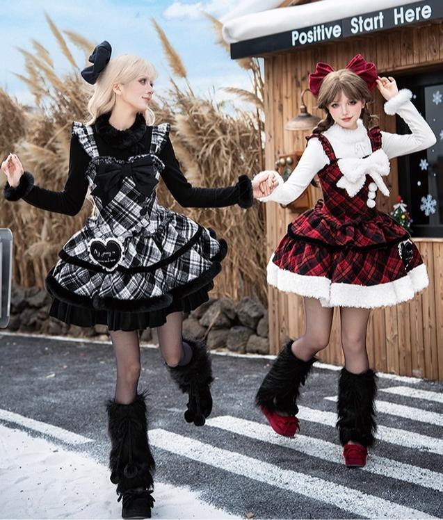 With PUJI - Snow Night Serenade - Fluffy Plaid Kawaii Lolita JSK, Reversible Cape - Image 16