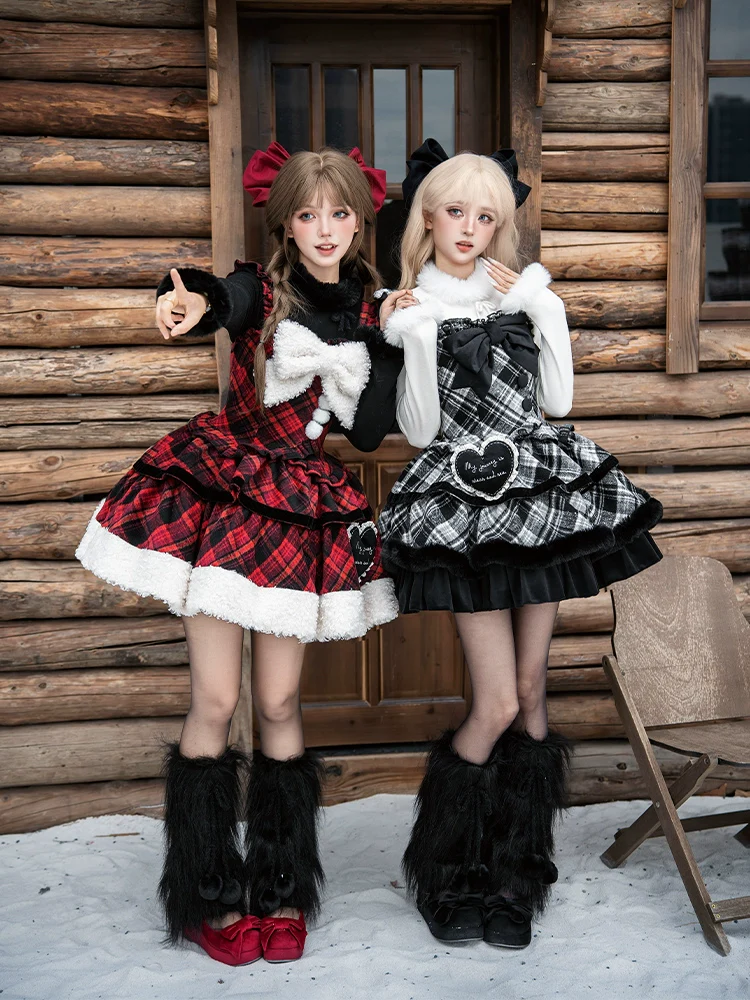 With PUJI - Snow Night Serenade - Fluffy Plaid Kawaii Lolita JSK, Reversible Cape - Image 18