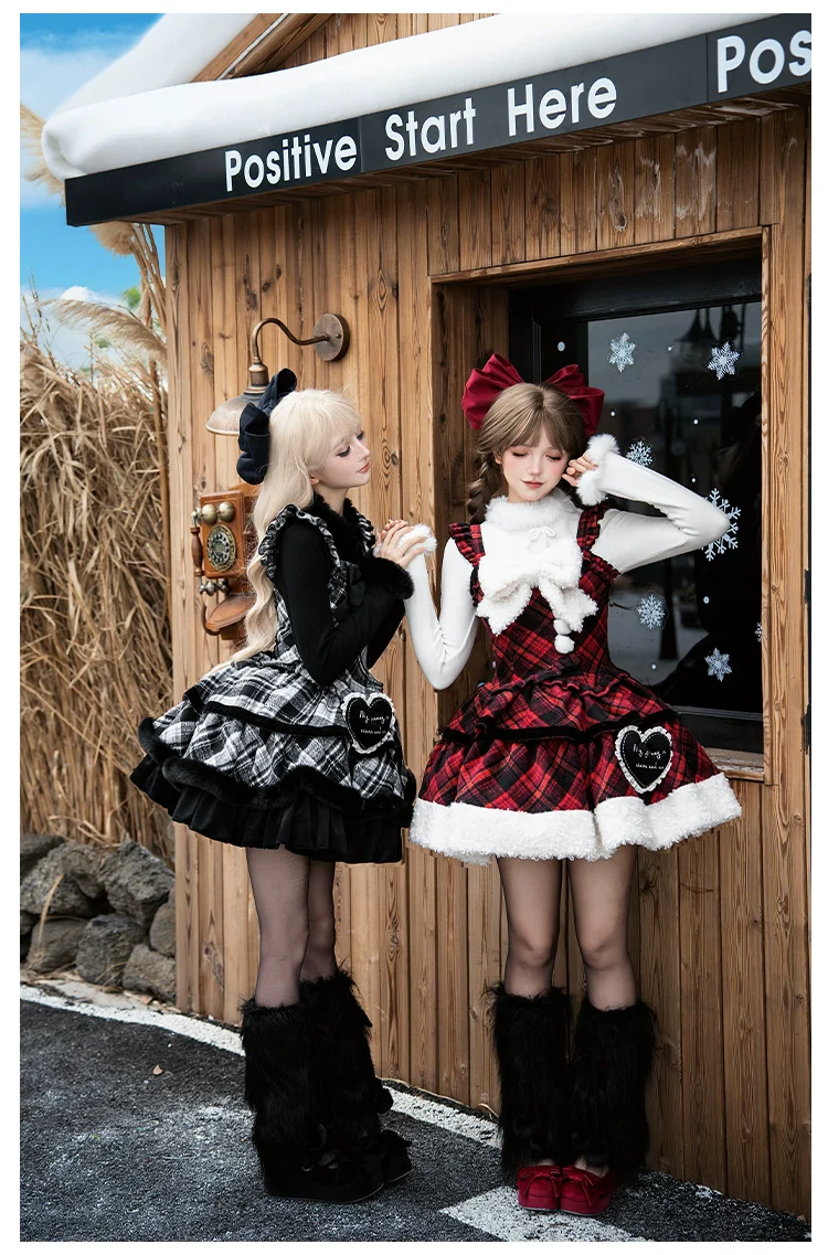 With PUJI - Snow Night Serenade - Fluffy Plaid Kawaii Lolita JSK, Reversible Cape - Image 19