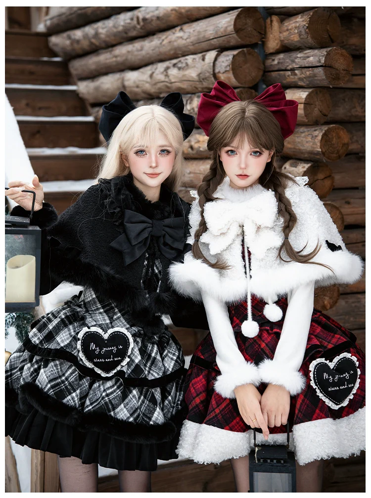 With PUJI - Snow Night Serenade - Fluffy Plaid Kawaii Lolita JSK, Reversible Cape - Image 2