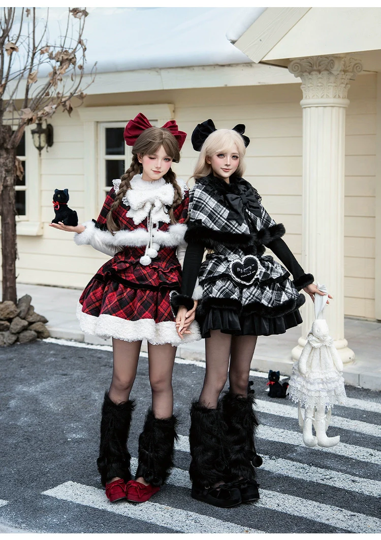 With PUJI - Snow Night Serenade - Fluffy Plaid Kawaii Lolita JSK, Reversible Cape - Image 20