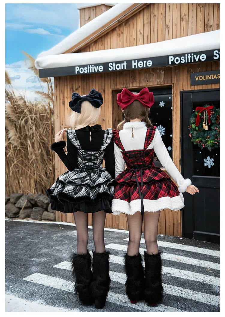 With PUJI - Snow Night Serenade - Fluffy Plaid Kawaii Lolita JSK, Reversible Cape - Image 21