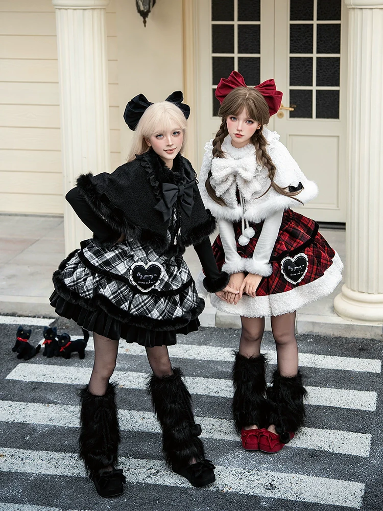 With PUJI - Snow Night Serenade - Fluffy Plaid Kawaii Lolita JSK, Reversible Cape - Image 22