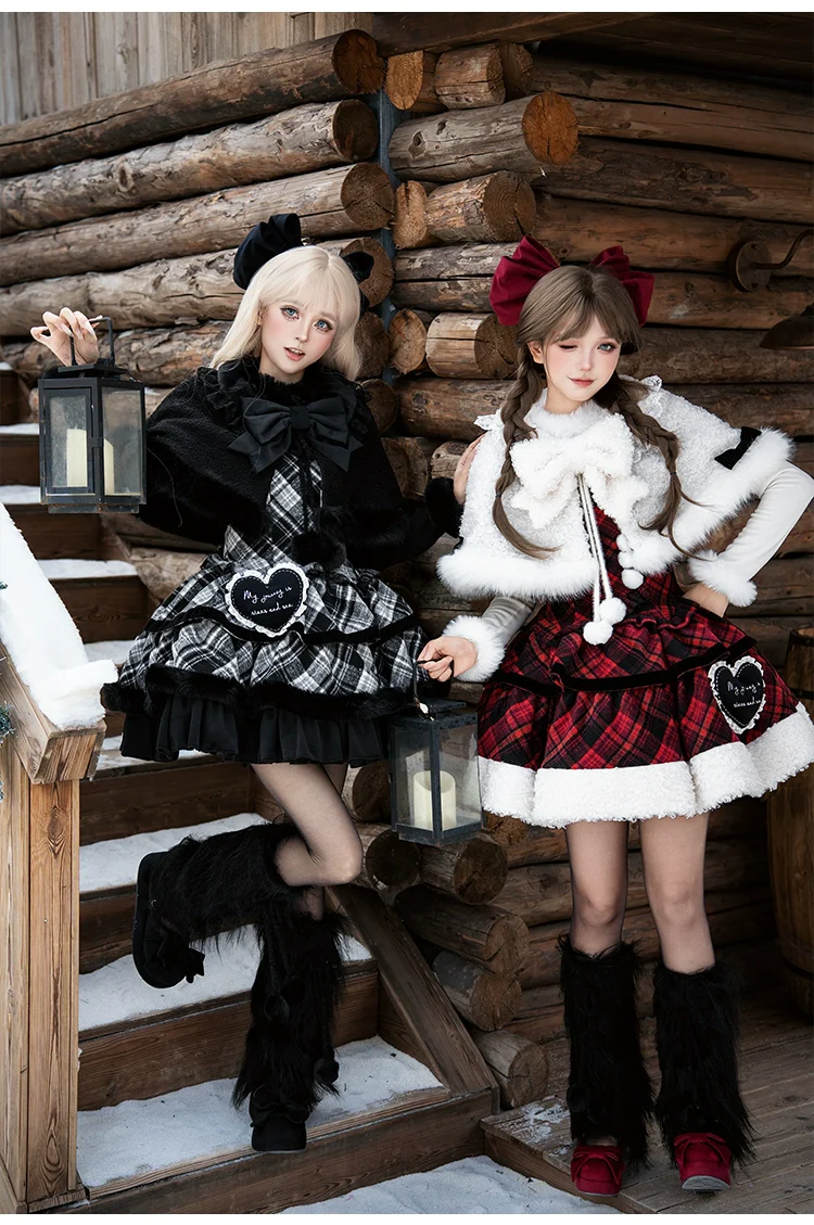 With PUJI - Snow Night Serenade - Fluffy Plaid Kawaii Lolita JSK, Reversible Cape - Image 23