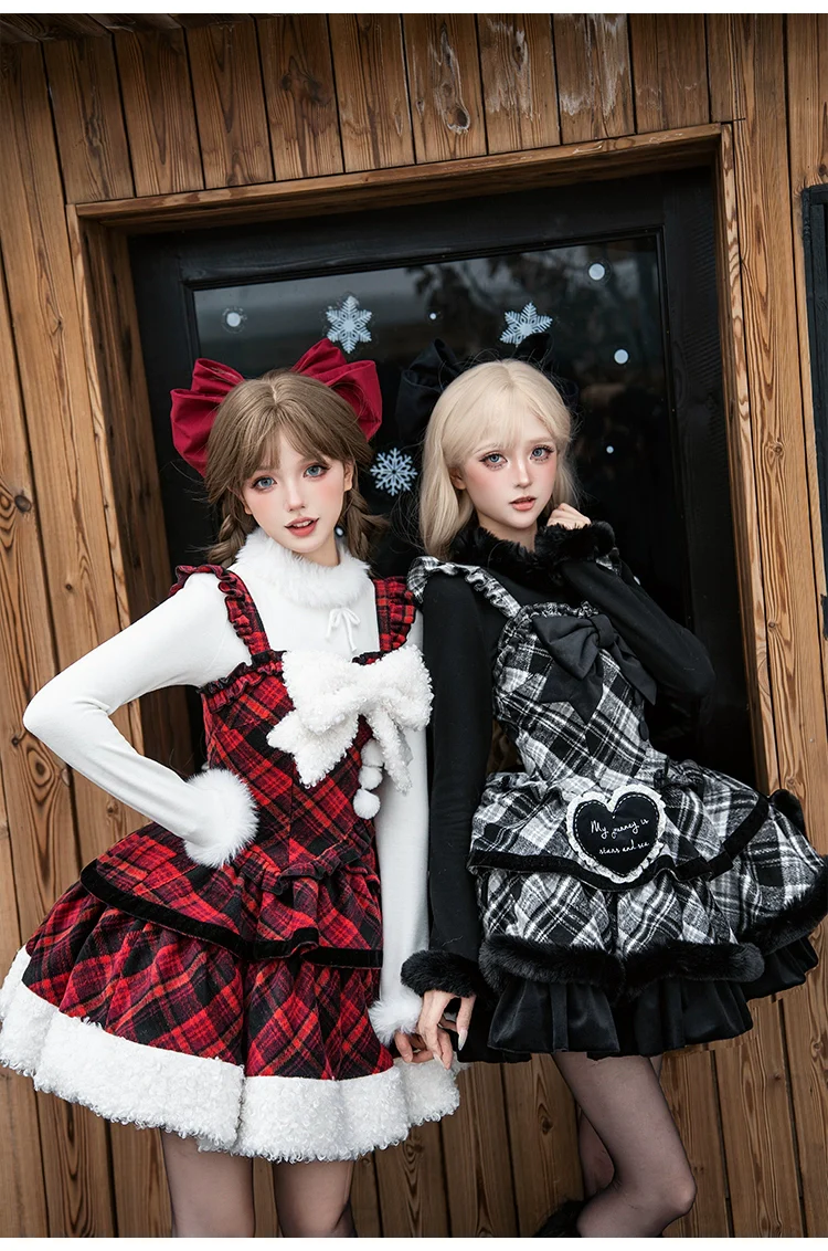 With PUJI - Snow Night Serenade - Fluffy Plaid Kawaii Lolita JSK, Reversible Cape - Image 25