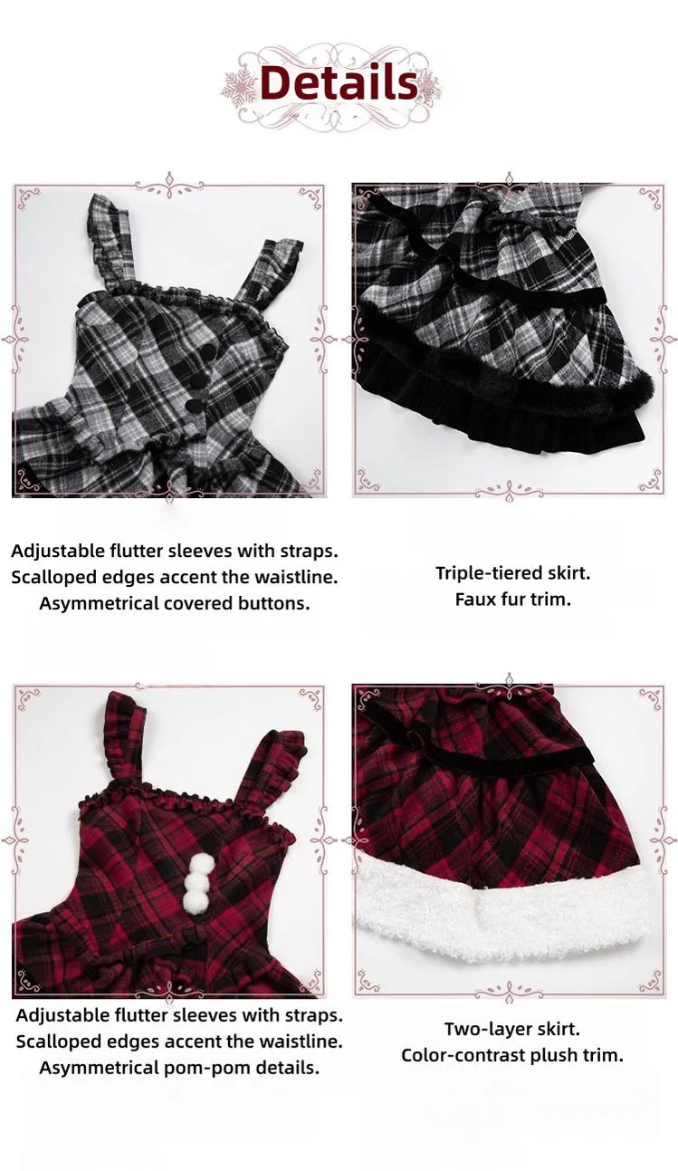 With PUJI - Snow Night Serenade - Fluffy Plaid Kawaii Lolita JSK, Reversible Cape - Image 26