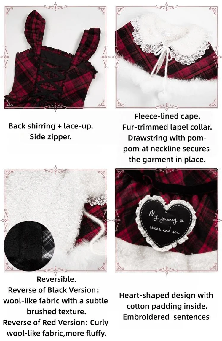 With PUJI - Snow Night Serenade - Fluffy Plaid Kawaii Lolita JSK, Reversible Cape - Image 27