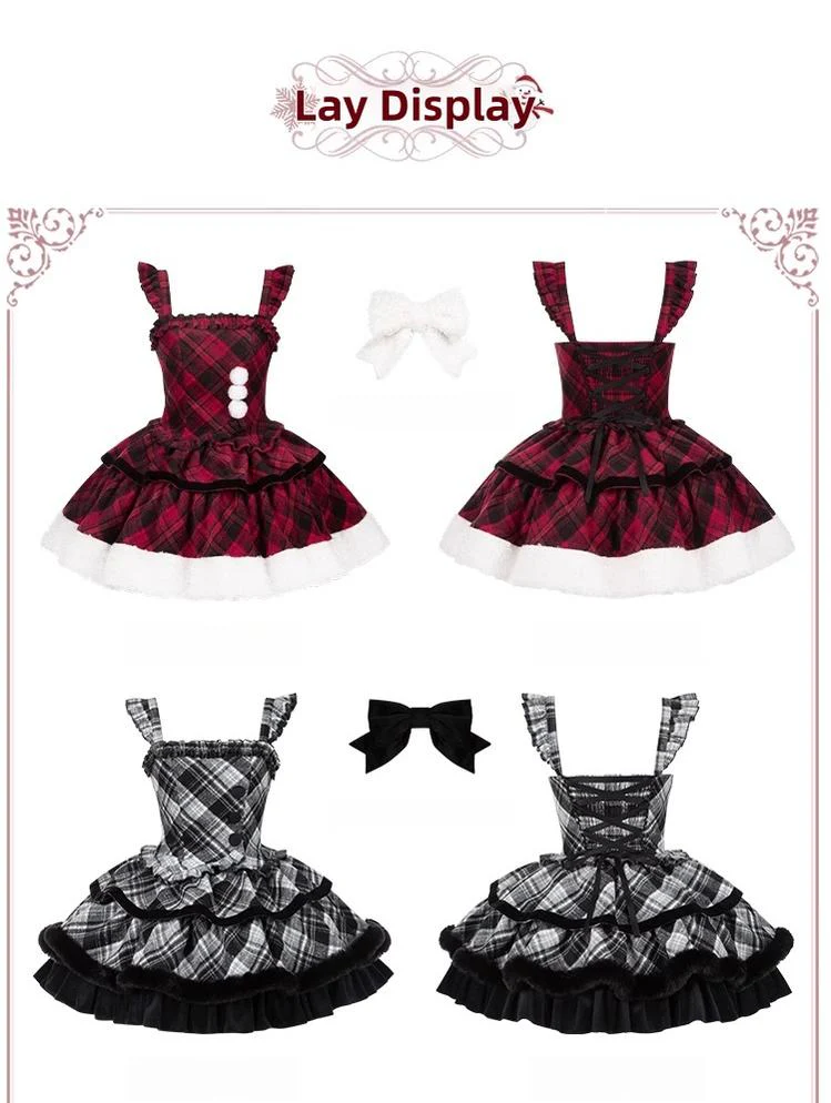 With PUJI - Snow Night Serenade - Fluffy Plaid Kawaii Lolita JSK, Reversible Cape - Image 28