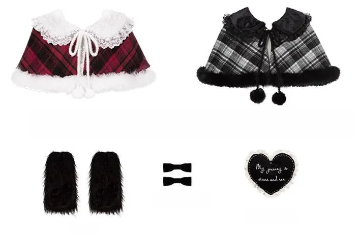With PUJI - Snow Night Serenade - Fluffy Plaid Kawaii Lolita JSK, Reversible Cape - Image 29
