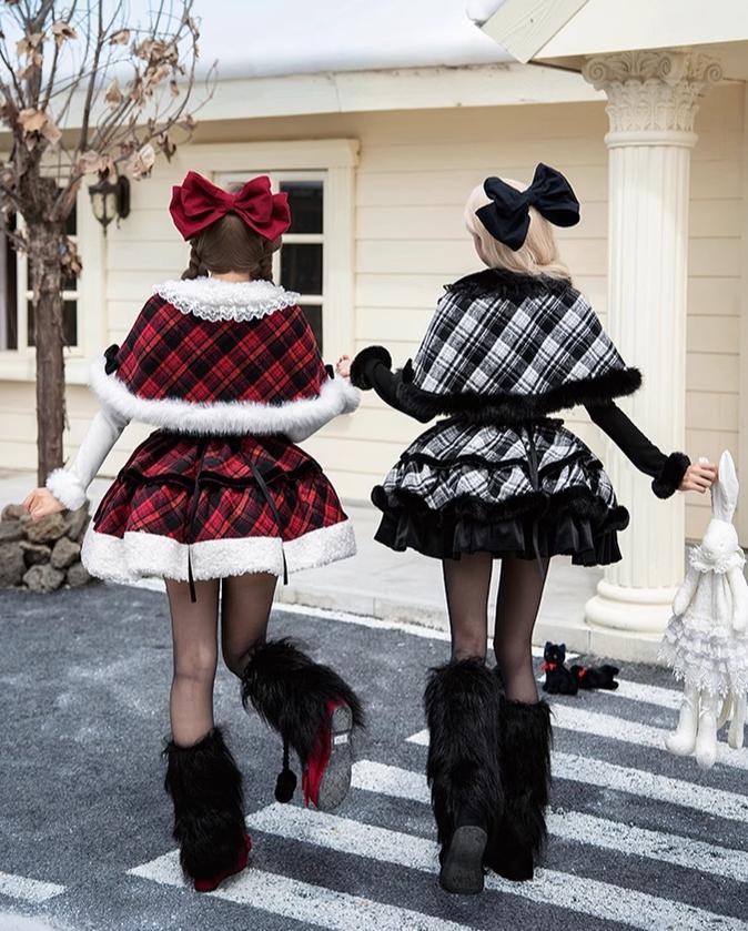 With PUJI - Snow Night Serenade - Fluffy Plaid Kawaii Lolita JSK, Reversible Cape - Image 3