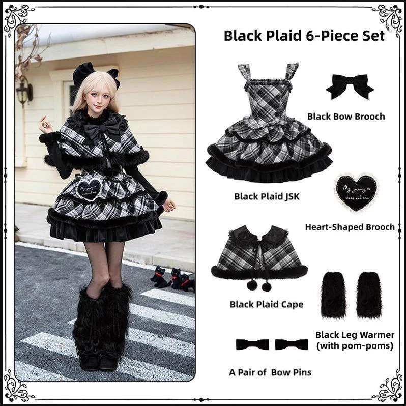With PUJI - Snow Night Serenade - Fluffy Plaid Kawaii Lolita JSK, Reversible Cape - Image 30