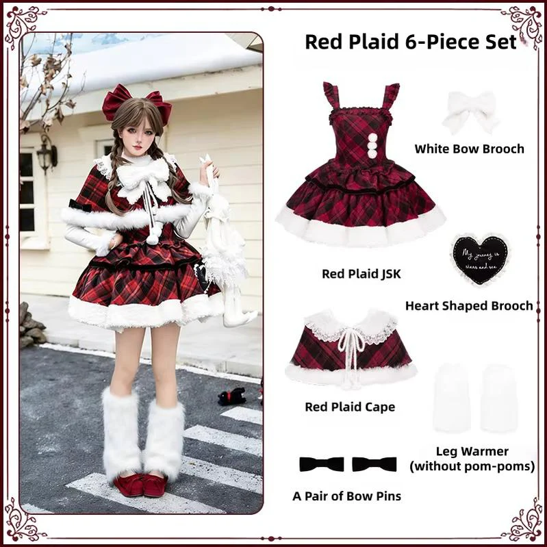 With PUJI - Snow Night Serenade - Fluffy Plaid Kawaii Lolita JSK, Reversible Cape - Image 31
