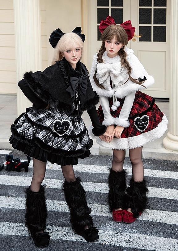 With PUJI - Snow Night Serenade - Fluffy Plaid Kawaii Lolita JSK, Reversible Cape - Image 4