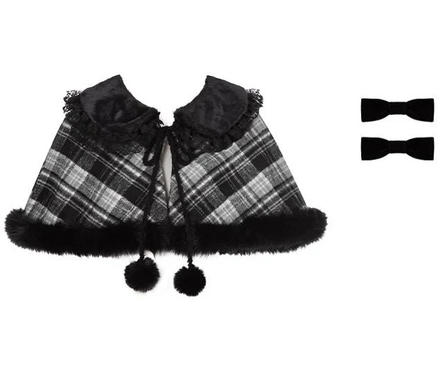 With PUJI - Snow Night Serenade - Fluffy Plaid Kawaii Lolita JSK, Reversible Cape - Image 41