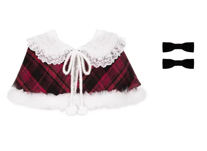 With PUJI - Snow Night Serenade - Fluffy Plaid Kawaii Lolita JSK, Reversible Cape - Image 42
