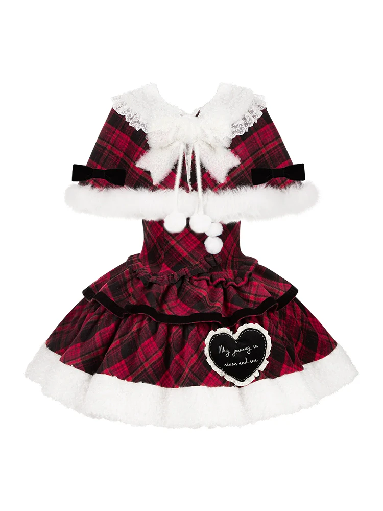 With PUJI - Snow Night Serenade - Fluffy Plaid Kawaii Lolita JSK, Reversible Cape - Image 43