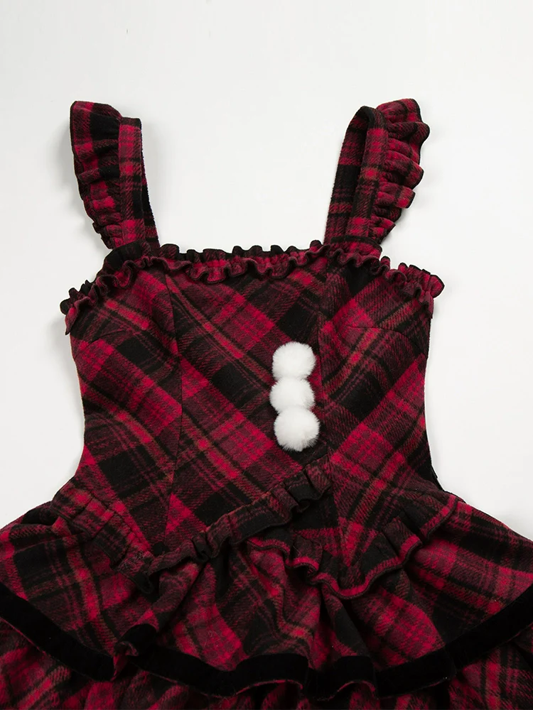 With PUJI - Snow Night Serenade - Fluffy Plaid Kawaii Lolita JSK, Reversible Cape - Image 45