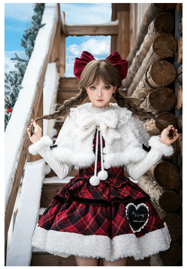 With PUJI - Snow Night Serenade - Fluffy Plaid Kawaii Lolita JSK, Reversible Cape - Image 5