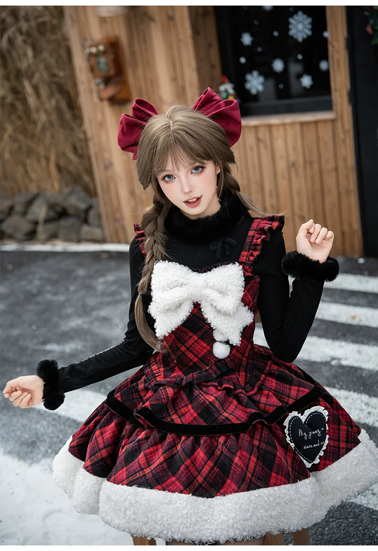 With PUJI - Snow Night Serenade - Fluffy Plaid Kawaii Lolita JSK, Reversible Cape - Image 6