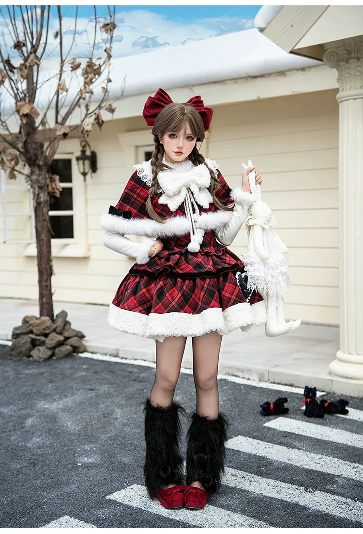 With PUJI - Snow Night Serenade - Fluffy Plaid Kawaii Lolita JSK, Reversible Cape - Image 7
