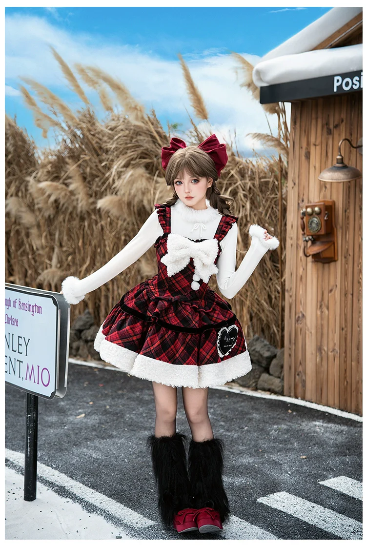 With PUJI - Snow Night Serenade - Fluffy Plaid Kawaii Lolita JSK, Reversible Cape - Image 8