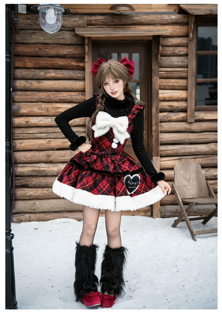 With PUJI - Snow Night Serenade - Fluffy Plaid Kawaii Lolita JSK, Reversible Cape - Image 9