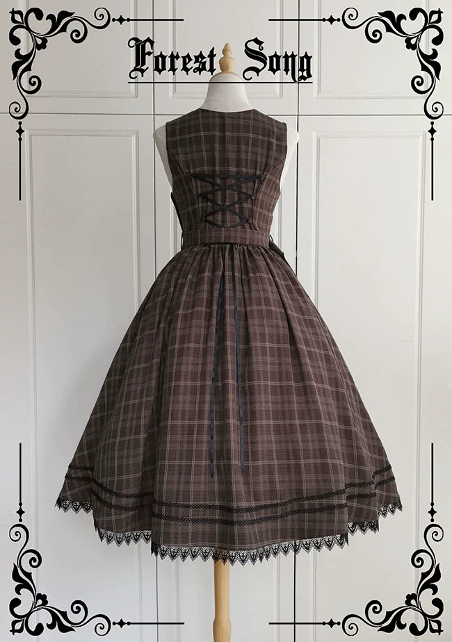 Grena's Poems - Plaid Elegant Lolita Jumper Dress, V-Neck - Image 3