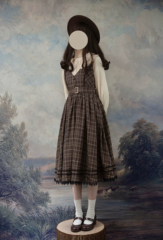 Grena's Poems - Plaid Elegant Lolita Jumper Dress, V-Neck - Image 6
