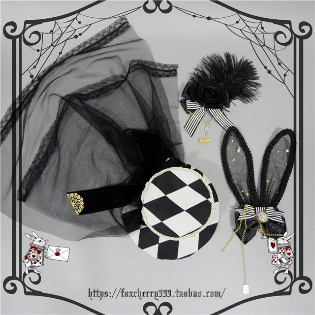 Fox cherry - Lolita Alice Clock Rabbit Ear Tulle Top Hat - Image 9