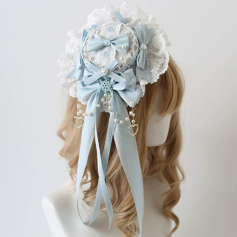 Xiaogui - Christmas Classic Lolita Lace Bow Ice Blue Bonnet - Image 2