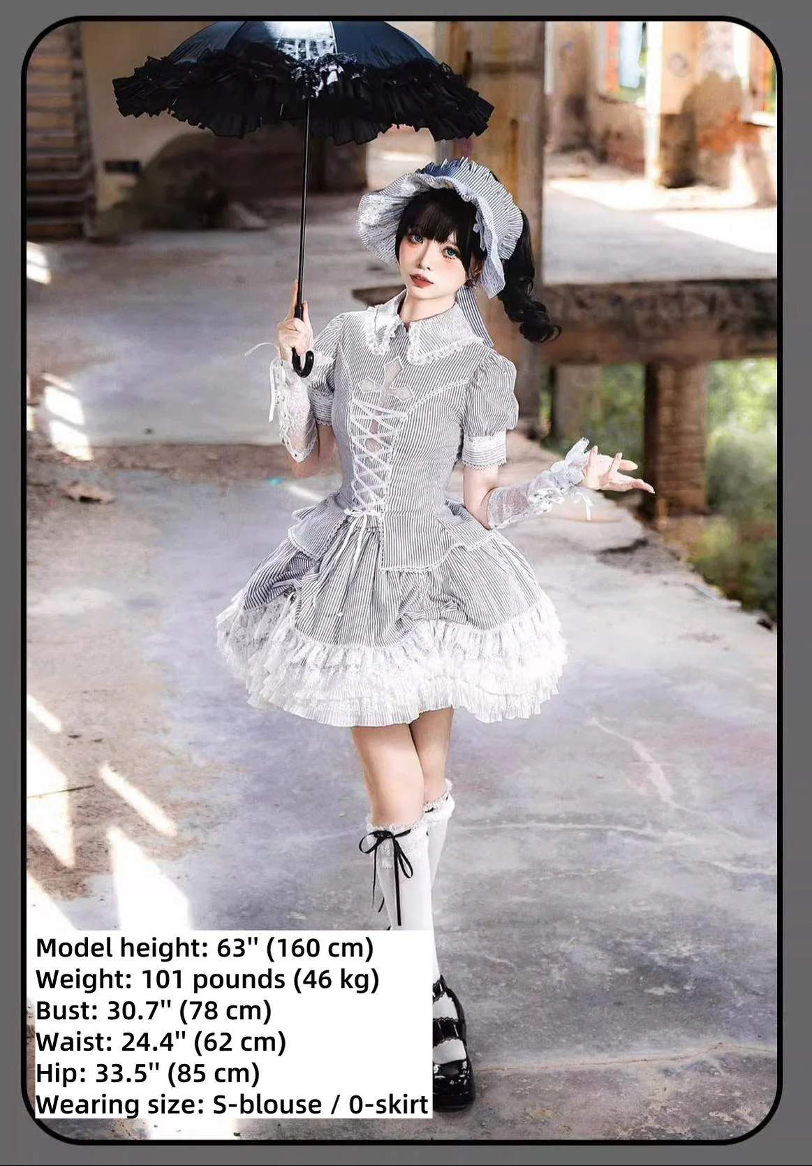 Striped Cross - Gothic Coordinated Lolita Set, Adjustable Blouse & Skirt - Image 10