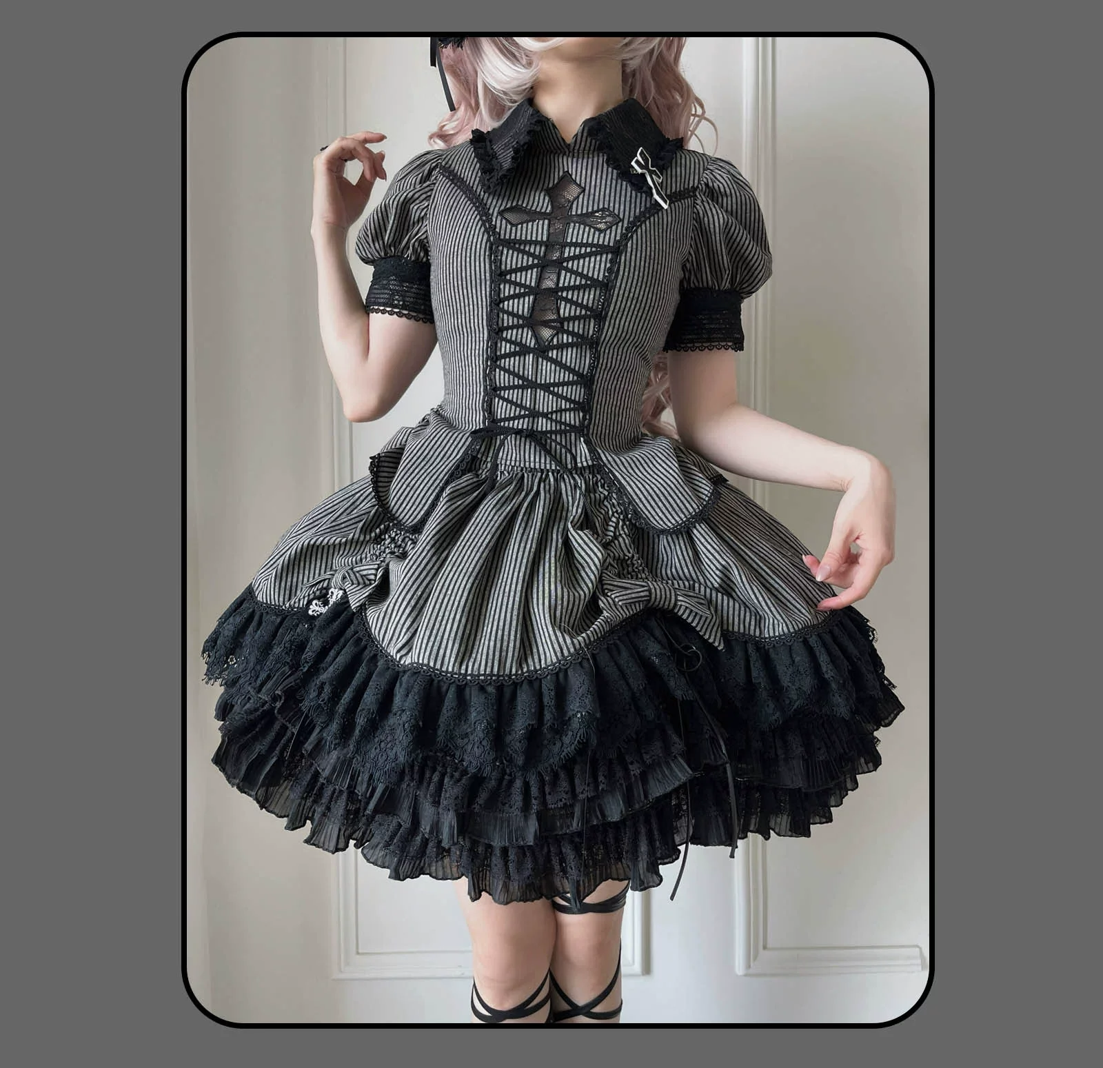 Striped Cross - Gothic Coordinated Lolita Set, Adjustable Blouse & Skirt - Image 13